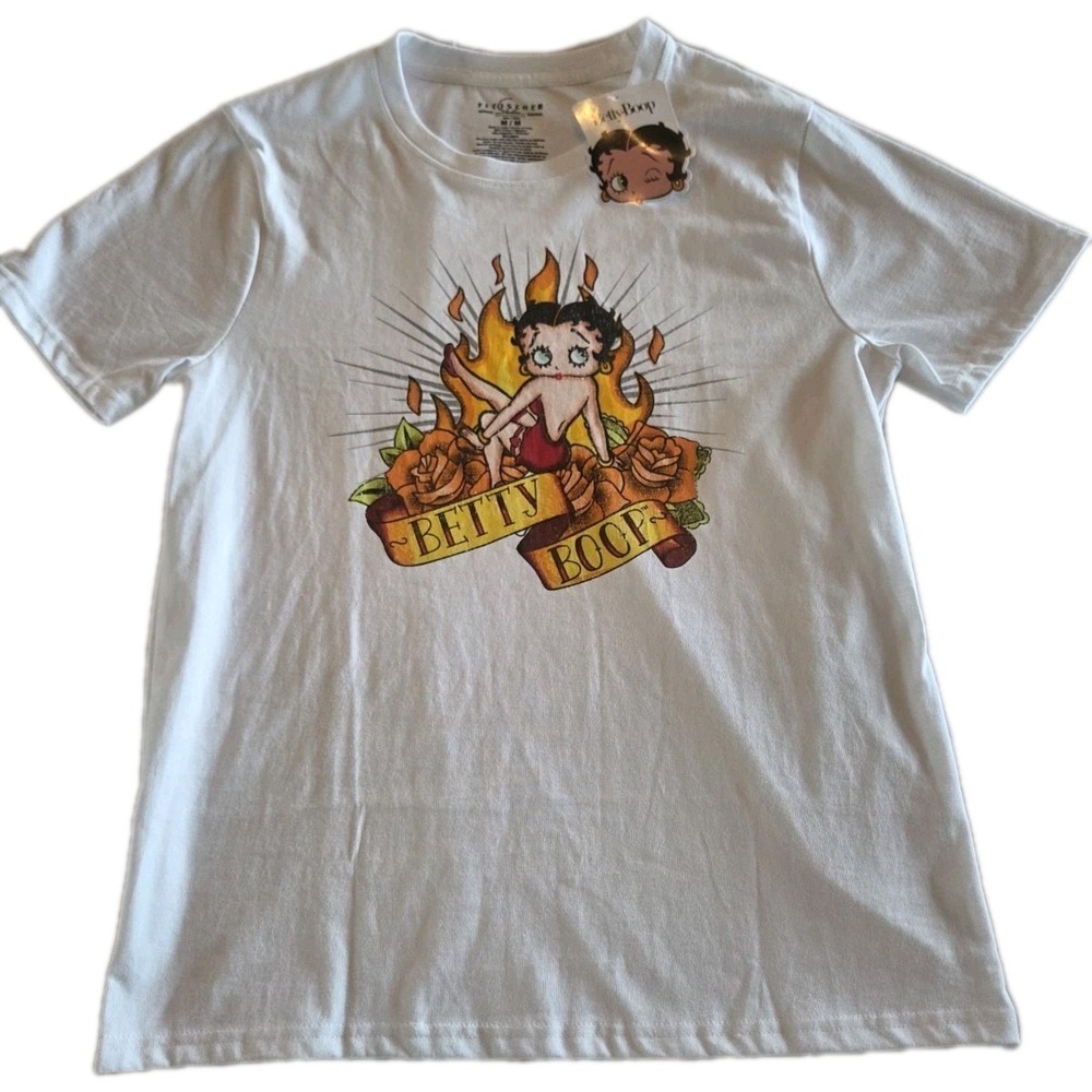 Fleischer Betty Boop Orange Roses & Flames Graphic Mens White Medium Shirt NWT